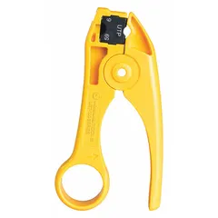 The UST-150 is a coaxial cable stripper designed for RG-59 and RG-6 cables. It features a 1/4 in cutting capacity and carbon steel construction. This tool is used for cutting and stripping coaxial cables in telecommunications and broadband installations.