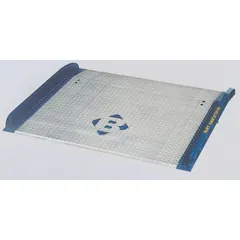 Aluminum dock board with diamond treadplate surface. Overall width 60 in, overall length 36 in. Bridges the gap between loading dock and truck or railcar for forklift and pallet-jack loading and unloading.
