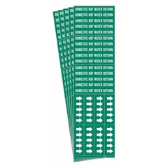 Green adhesive pipe markers with white legend reading 'Domestic Hot Water Return' and directional arrows. Suitable for pipes with outer diameter of 3/4 inch and smaller. Pack of 5. Used to identify return lines in hot water systems for clear labeling and safety.