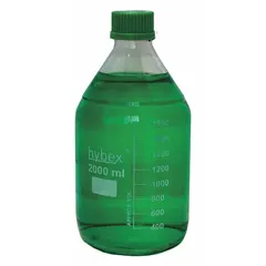 2 L glass media bottle with narrow mouth and GL45 screw-on closure. Safety coated for added protection. Diameter 111 mm. Suitable for storing, mixing, and dispensing laboratory reagents and media.