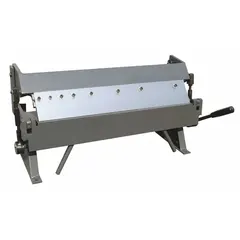 This manual box and pan brake features hand lever actuation with top edge actuation plus finger, enabling precise bending of sheet metal up to 48 inches wide. It is suited for metal forming tasks such as fabricating enclosures, brackets, and ductwork in workshops and production environments.
