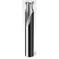 Solid carbide straight V-flute router bit designed for routing plastics such as acrylics and polycarbonates. The two-flute geometry provides efficient chip evacuation and a clean finish. Suitable for CNC and hand-router applications in industrial fabrication and sign making.