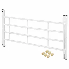 This hinged window security bar system is constructed from carbon steel with a white finish. It adjusts from 32 1/2 to 54 inches in width and has a height of 21 1/4 inches, featuring four horizontal bars. Designed for inside mounting, it provides a physical barrier for windows in residential or commercial settings.