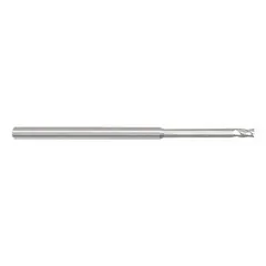 This carbide corner-chamfer end mill features a reduced neck for deep reach without deflection. With a 3/64" mill diameter, 3/32" length of cut, 4 flutes, and a 0.003" chamfer, it is used in CNC milling for deburring, beveling, and edge preparation on metal workpieces.