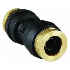 This push-to-connect union fitting connects two 3/8 in OD tubes in pneumatic or air brake systems. It provides a quick, leak-free joint without tools, suitable for compressed air networks and industrial automation. The fitting is made of brass and composite materials.