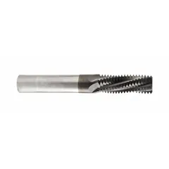 Helical-flute thread mill for internal and external threading. M6x1 metric thread size, 3 flutes, TiAlN coated carbide construction. Suitable for threading in steel, stainless steel, and alloys.