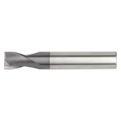 This carbide corner-chamfer end mill features a TiAlN coating for wear resistance. With a 12 mm mill diameter, 25 mm length of cut, and 2 flutes, it is suited for deburring, chamfering edges, and creating bevels on metal parts in general machining operations.