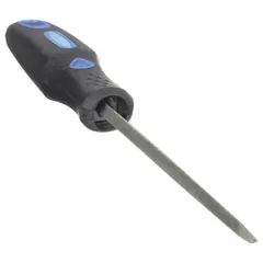 Triangular tapered saw file for sharpening saw blades. Measures 6 inches in length and 5/16 inch in width with 55_60 teeth per inch. The tapered shape allows precise filing of saw teeth.