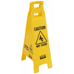 This folding sign alerts personnel and visitors to wet floor hazards in commercial and industrial settings. Made of HDPE, it features a bright yellow color with a bold caution message. The sign is not retroreflective and does not glow in the dark. Nominal size is 37 in x 12 in x 38 in.