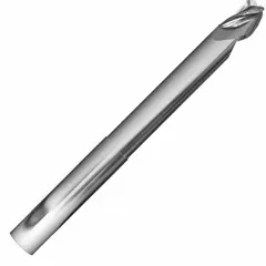 Carbide ball end mill with reduced neck design for deep cavity machining and 3D profiling in aluminum and non-ferrous materials. Features 3 flutes, 1/4" mill diameter, 3/8" length of cut, and 4" overall length. The ball nose geometry enables smooth contouring and finishing of complex shapes.
