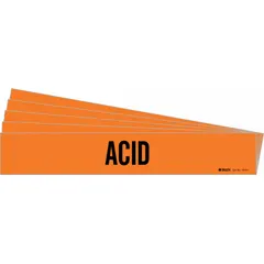 Orange adhesive pipe marker with black 'Acid' legend for identifying acid-carrying pipes. Fits pipe outer diameters from 2-1/2 to 7-7/8 inches. Pack of 5 markers, each without directional arrows. Used in industrial facilities to label pipe contents for safety and compliance.