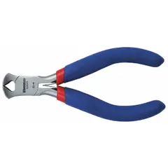 These precision nippers are designed for cutting wire up to 0.04 inches in maximum thickness. They feature a 12 mm jaw width and steel construction with plastic handles. Typical applications include trimming fine wires in electronics assembly, jewelry making, and other detailed work requiring a clean cut in confined spaces.