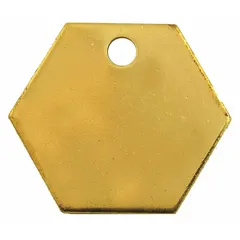 Brass blank valve tag with yellow finish, hexagon shape, measuring 1 1/4 in x 1 1/4 in with 0.04 in thickness. Suitable for marking and identifying valves, pipes, and other industrial equipment in plant environments. Supplied in a 100-pack.