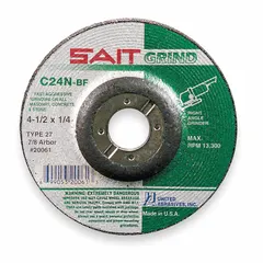 Silicon carbide depressed center grinding wheel for concrete and masonry. Type 27 design with 24 grit for grinding, smoothing, and shaping hard, brittle materials. Dimensions: 7" diameter, 1/4" thickness, 7/8" arbor hole.