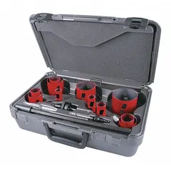 This 15-piece hole saw kit features bi-metal construction with 5/6 teeth per inch for cutting wood, metal, and plastic. Maximum cutting depth is 1 15/16 inches. Suitable for general fabrication, electrical, and plumbing applications.