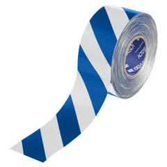Blue/white striped floor marking tape with a 22 mil thick polyester backing. Used for marking aisles, hazards, and storage areas in industrial facilities to communicate safety zones and traffic lanes.