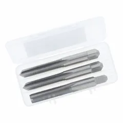 This three-piece hand tap set from CLEVELAND includes plug taps with 3/8"-16 UNC thread, H3 / 3B tolerance, and a 4-flute design. Made from high-speed steel, it is suitable for creating internal threads in ferrous and non-ferrous materials. The set is used for through-hole or blind-hole threading in general machining and maintenance applications.