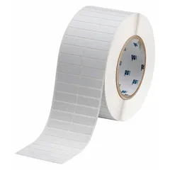 This precut label roll from Brady consists of polyimide labels with a white matte finish, each measuring 3/8 in x 1 1/4 in. Designed for use with THT printer series, it is suitable for industrial identification and barcode labeling in applications requiring resistance to high temperatures, such as electrical panel and automation environments.