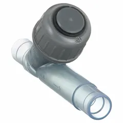 This PVC Y-style piston check valve features spigot x spigot connections for 1-inch pipe. It is designed to prevent backflow in piping systems, with a piston mechanism that provides low-pressure drop. Typical applications include water treatment, chemical processing, and irrigation systems.