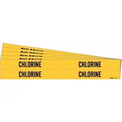 Yellow adhesive pipe markers with black legend reading 'Chlorine'. Each pack contains 4 markers without arrows, fitting pipe outside diameters from 3/4 to 2-3/8 inches. Sold in a 5-pack quantity. Used for identifying chlorine piping in industrial facilities.