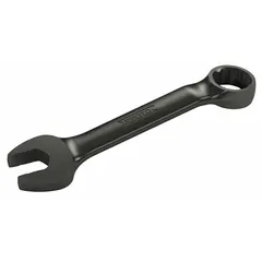 Alloy steel wrench with black oxide finish. 17 mm 12-point box end and open end. Offset design for access to recessed fasteners. 5 in overall length. For tightening and loosening metric fasteners in maintenance and repair tasks.
