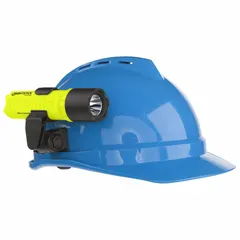 This headlamp provides 200 lumens of light output with a maximum beam distance of 143 meters. It operates for up to 10.5 hours at maximum brightness and requires 3 AA batteries. The included helmet clip allows secure attachment for hands-free use in industrial tasks such as maintenance, inspection, and confined-space work.