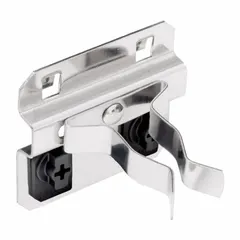 Stainless steel spring clip toolholder designed for square-hole pegboard. Features three hooks with 2-1/8 in depth for storing small tools. Brushed silver finish with surface mounting and ABS retainers for secure locking. Suitable for organizing tools in workshops and storage areas.