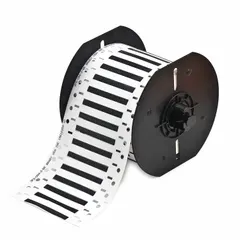 Polyolefin, black (matte) sleeve label roll for wire and cable identification. Each label measures 3/32 in x 2 in and fits 20 AWG to 28 AWG wire gauge. Compatible with i3300 printer series. Used for marking wires in panels, control cabinets, and field installations.