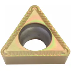 Triangle (T) indexable turning insert for turning operations on lathes. Suitable for finishing and light machining of metals, providing consistent edge geometry and chip control in industrial manufacturing.