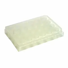 Non-sterile multiple well plate with 24 square wells, each with a 3.5 mL capacity. Made of natural polypropylene with an 85 mm diameter. Suitable for sample storage, assay development, and general liquid handling in laboratory workflows.