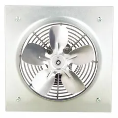 This direct-drive panel exhaust fan is designed for general ventilation in industrial and commercial spaces. It features a 10-inch blade, 1/30 hp motor delivering 752 cfm at 115V AC single phase. The galvanized steel frame with stamped construction houses a totally enclosed air-over motor with Class B insulation. Intake guards are included for safety.