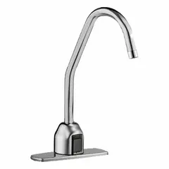 Brass construction with chrome finish. Single-post design with plug-in power. Includes back-check tee and quick connect fittings. Suitable for touch-free hand washing in commercial restrooms and public facilities.