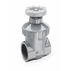 This SPEARS gate valve is a 1/2 in non-rising stem PVC valve designed for chemical service. It features socket x socket connections, a solid polypropylene wedge, and a PVC bonnet. Rated for 200 psi CWP, it is operated by a wheel handle. Commonly used in corrosive fluid systems where reliable shut-off is required.