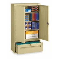 Stationary welded steel cabinet with three adjustable shelves and drawers. Sand finish, leveling base, recessed pull handle with keyed lock. Fully assembled. Suitable for organized storage of files and supplies in commercial and industrial settings