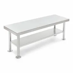 This fixed-height lab table features a stainless steel countertop with a silver finish. Overall dimensions: 4 ft length, 18 in height. Suitable for use in laboratory or industrial settings where a stable, cleanable surface is required.
