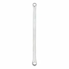 This SAE double-end box end wrench features 12-point offset heads sized 1/4 in and 5/16 in, with a 6-1/2 in overall length. Constructed from alloy steel with a satin finish, it is suited for tightening or loosening hex fasteners in confined spaces common to automotive and machinery maintenance.