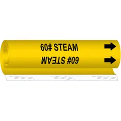 Yellow wrap-around pipe marker with black legend reading '60# Steam' and directional arrows. Fits pipe outer diameters from 2-1/2 to 7-7/8 inches. Used for identifying steam piping systems in industrial and commercial facilities.