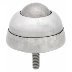 Threaded-stud mount ball transfer with a 1 in diameter stainless steel ball and stainless steel housing. Rated for 75 lb ball load capacity with 1 3/8 in projection and 1/4-20 thread. Used in material handling systems to enable smooth omnidirectional movement of loads across work surfaces.
