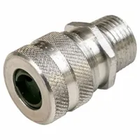 Aluminum-bodied straight multi-cable grip with silver finish. Accommodates two cords with diameters from 0.23 in to 0.29 in. Connects via 1/2 in MNPT for securing and strain relieving cables entering junction boxes or enclosures in industrial wiring and control panel applications