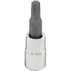 This Torx bit socket features a T27 tip size and a fixed insert design. With a 1 5/8 in overall length, it is used for driving or removing Torx-head fasteners in assembly and maintenance tasks.