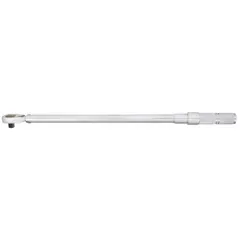 Ratcheting micrometer torque wrench with 1/2 in square drive, calibrated in foot-pounds over a range of 33.2 to 151.2 ft-lb. Tether capable for tool retention in elevated or confined workspaces. Suitable for precision tightening of threaded fasteners in assembly, maintenance, and repair tasks.