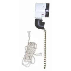 This Dayton pull chain switch features a single-pole three-throw (SP3T) contact form with an Off/On/On/On function, allowing selection among three separate circuits. The brass metal finish provides corrosion resistance. Typical applications include controlling multi-speed fans or multi-lamp fixtures in industrial and commercial settings.