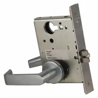 Passage lever lockset with ANSI F01 function for interior doors where locking is not required, such as hall or closet doors. Features a satin chromium-plated forged brass finish, L Rhodes style, and a visual indicator showing locked/unlocked status. Not ADA compliant and not ligature-resistant