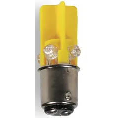 This LED lamp features a BA15d double-contact bayonet base and a T3-1/4 tubular bulb shape. It operates at 120V AC and emits amber light. Suitable for use in control panels, warning lights, and status indicators where a compact, long-life light source is required.
