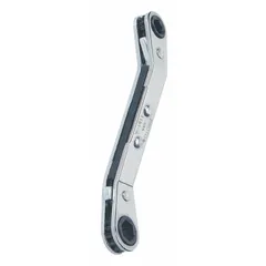 This PROTO wrench is a SAE double-end, 6-point ratcheting box end wrench with 1/4 in and 5/16 in head sizes. It features an offset, reversing design for quick direction changes in confined spaces. Overall length is 4-1/4 in with a chrome finish. Suitable for tightening or loosening fasteners in automotive, industrial, and maintenance tasks.