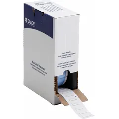 Precut sleeve label roll for wire and cable identification. White matte polyolefin material, 1/2 in x 1/4 in size, designed for 16 AWG to 22 AWG wire gauge. Compatible with M610 printer series. Used in industrial control panels, electrical cabinets, and data centers.
