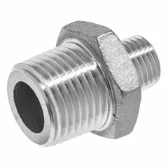 This straight pipe fitting connects male BSPT threads to male NPT threads, allowing transition between thread standards in low-pressure systems. Rated for 150 psi maximum operating pressure, it is used in industrial plumbing, pneumatic, and fluid transfer applications.