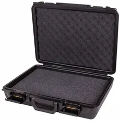 This suitcase-style case from FLAMBEAU provides secure storage and transport for tools, instruments, or sensitive equipment. It features a solid black stationary body with a single-throw closure. Interior dimensions are 12 5/8 x 17 3/4 x 4 1/8 inches, and the case weighs 4 lb. Not carry-on size.