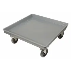 Plastic rack dolly with one swivel caster for maneuvering dish racks in commercial kitchens and foodservice operations. Supports up to 250 lb. Overall length 21 1/8 in. Not NSF certified.