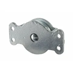 This side-mount pulley block is designed for lifting and pulling applications with wire rope. Constructed of steel, it features a bolt-on mounting style for secure attachment to structures. Typical uses include rigging, material handling, and industrial hoisting where change of load direction is required.